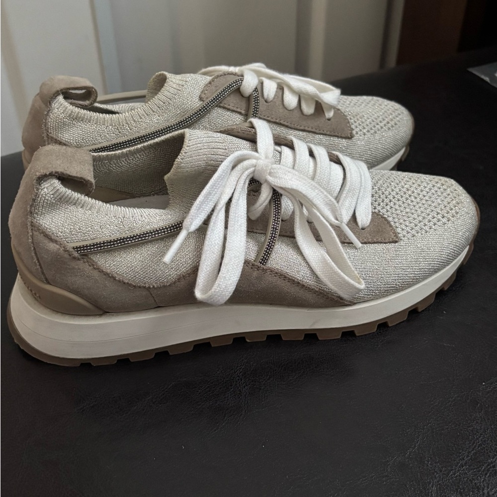 Brunello Cucinelli Cream and Tan Sneakers with Monili